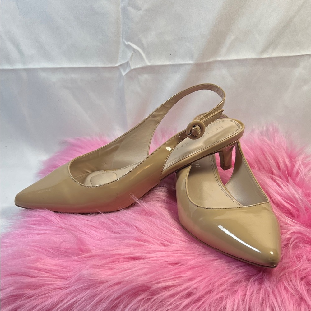 Kelly & Katie Beige Patent Slingback Pointed-Toe Heels